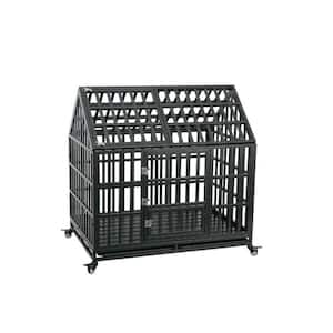 43.3 in. Black Heavy-Duty Dog Cage Pet Crate with Roof and Wheels