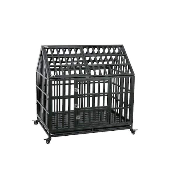 Amucolo 43.3 in. Black Heavy-Duty Dog Cage Pet Crate with Roof and Wheels
