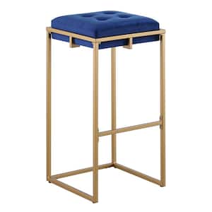 25 in. Blue and Gold Backless Metal Frame Bar Stool with Velvet Seat