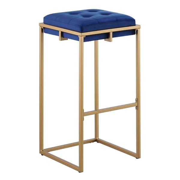 Benjara 25 in. Blue and Gold Backless Metal Frame Bar Stool with Velvet Seat