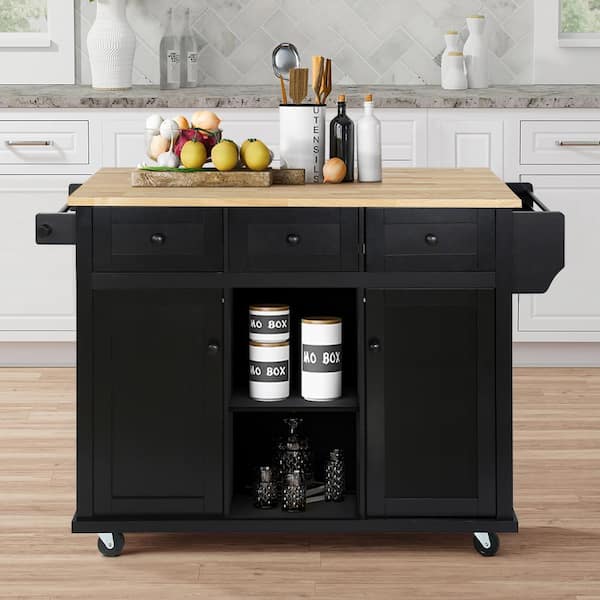 WarmieHomy Kitchen Cart with Rubber Wood Drop-Leaf Countertop Storage Racks on Wheels with Storage Cabinet and 3-Drawers Black