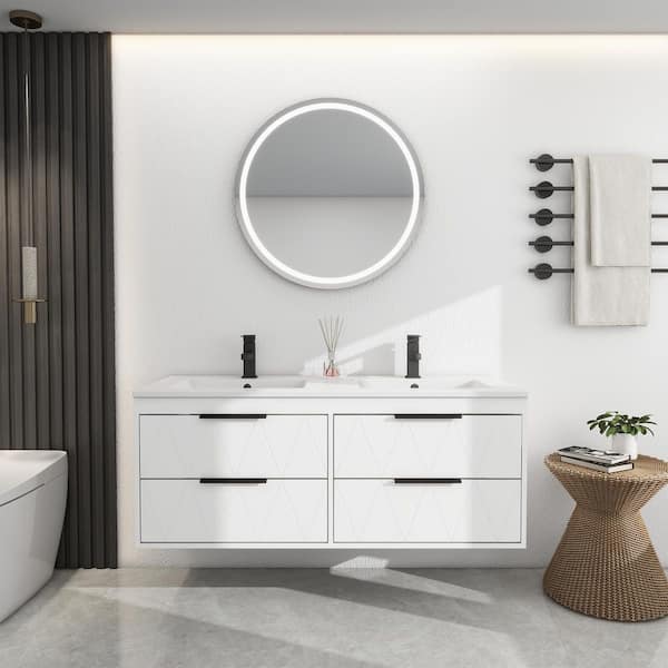48 in. W x 18.1 in. D x 18.1 in. H 2-Sink Bath Vanity in White with White Resin Top and Drain Faucet Set