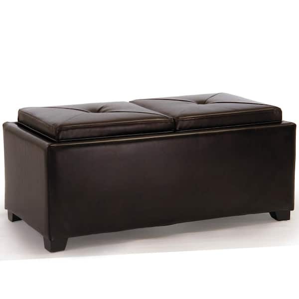 Noble House Maxwell Brown Bonded Leather Tray Top Storage Ottoman