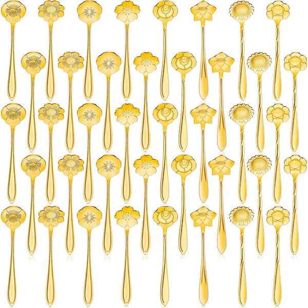 40-Piece Gold Stainless Steel Flower Teaspoon Set with 8 Unique Floral Patterns for Coffee and Tea Use