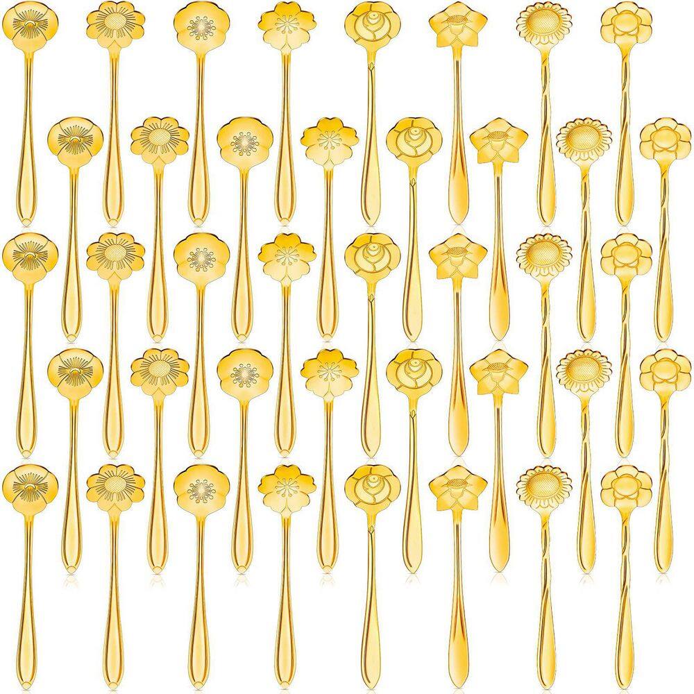 Stainless Steel Flatware Serving Sets 2-Piece Gold Flower Teaspoon Set with 8 Unique Floral Patterns for Coffee