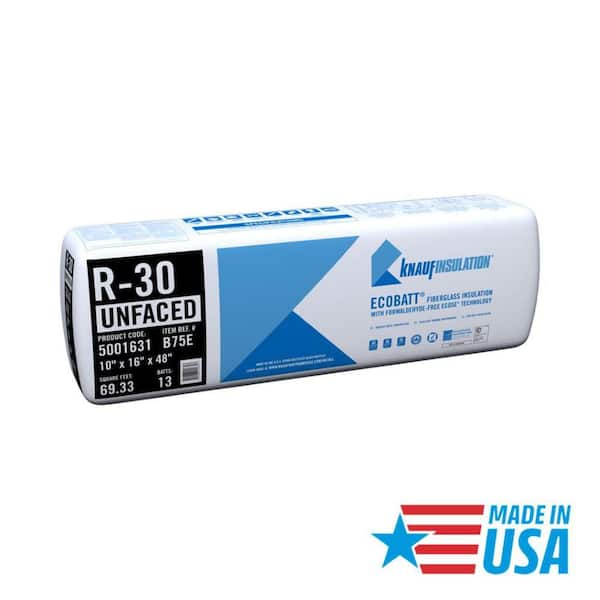 Knauf Insulation R30 Unfaced 16 in. x 48 in. Precut Fiberglass Insulation Batts for Floor, Attic - Class A Fire-Rated, USA Made (1-Bag)