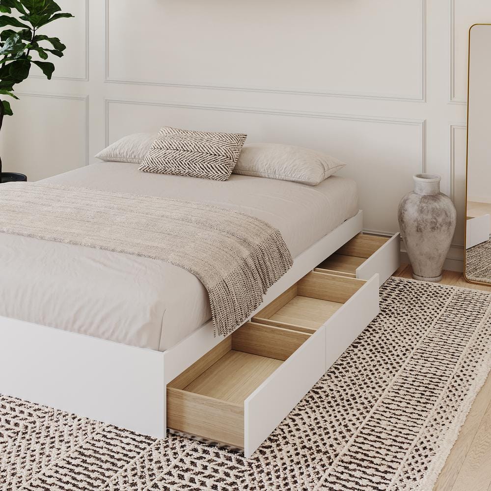 Reversible Full/Double White Wood Frame Storage Bed with 3 Drawers