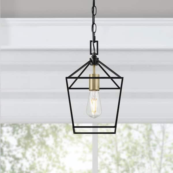 Home Decorators Collection Weyburn 1-Light Black and Gold Farmhouse Mini Pendant Light Fixture with Caged Metal Shade