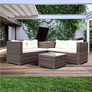 4-Piece Wicker Rattan Outdoor Patio Sectional Sofa Set Furniture with Coffee Table and Storage Box - Cream Cushions