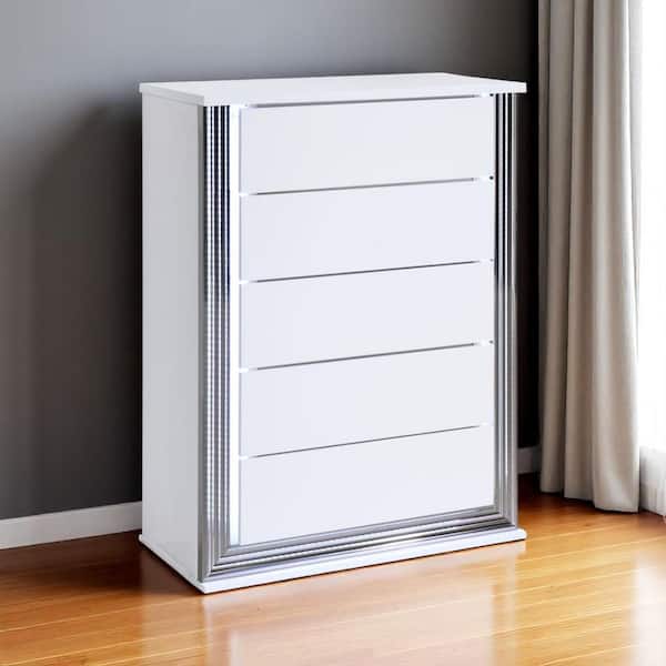 White 5 Drawer 48.98 in. Dresser with Mirror