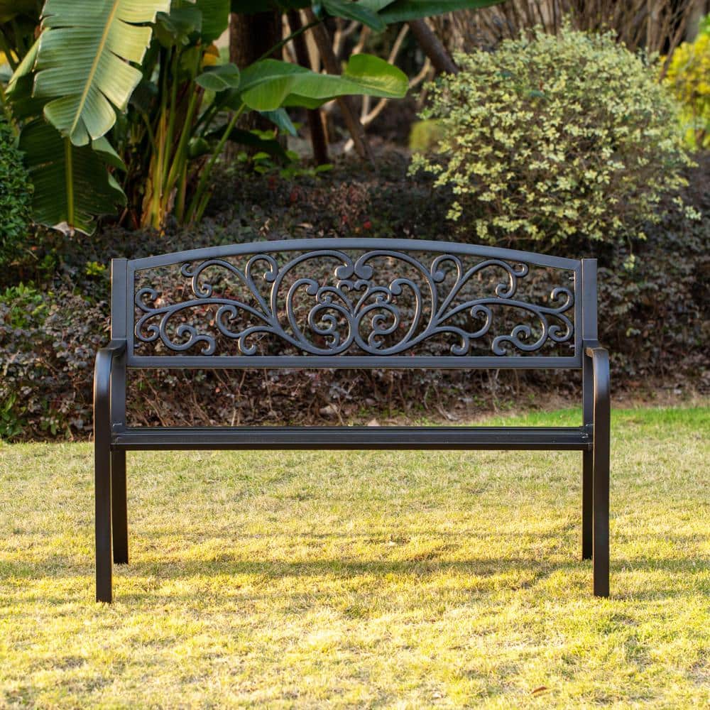 Black Powder Coated Steel Outdoor Bench with Cast Iron Backrest