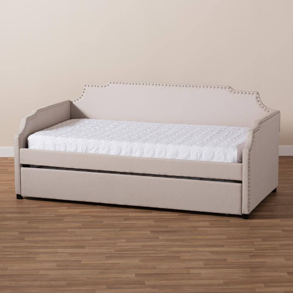 Beige Twin Upholstered Daybed with Nailhead Trim and Trundle