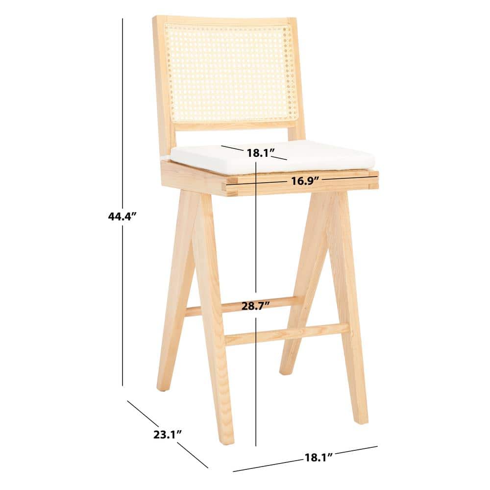 Natural Ash Wood and Rattan Bar Stool with White Cushion