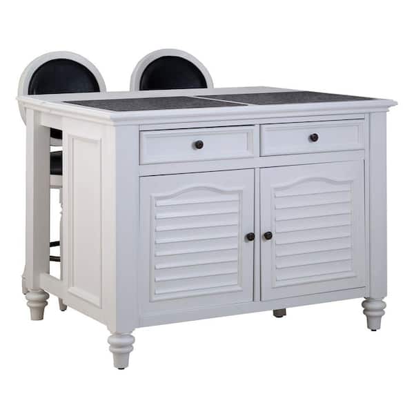 Home Styles Wood Kitchen Island in White Finish with 2 Stool