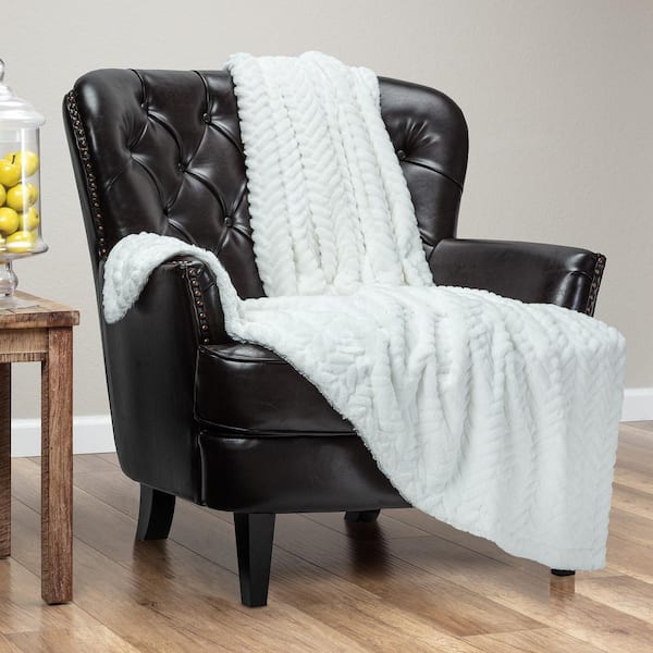 Faux Fur Embossed Off White Textured Polyester Throw Blanket, 50 x 65 in.