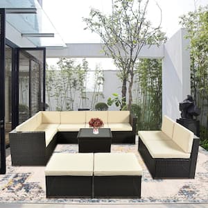 9-Piece Rattan Wicker Patio Conversation Sectional Seating Set with Beige Cushion