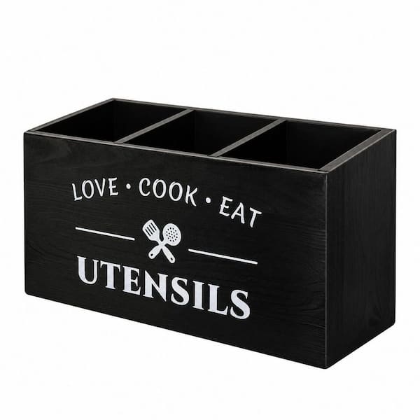 Rustic Wooden Utensil Holder with 3 Compartments, Countertop Caddy for Spatulas and Flatware
