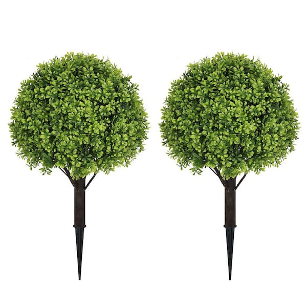24 in. Artificial Boxwood Ball Topiary Plants with Ground Stakes (2-Pack), Faux Shrub Trees for Porch Decor