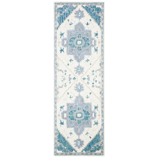 Micro-Loop Ivory/Navy 2 ft. x 11 ft. Floral Medallion Runner Rug