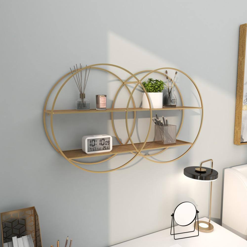 Elegant Rustic 30" Gold & Brown Iron 2-Tier Floating Wall Shelf