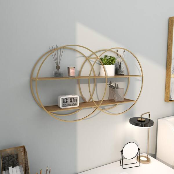 Circle Frame Shelfスペースエイジ モダン CosmoLiving by Cosmopolitan 30 in. x 18 in. Gold Round 2 Shelves