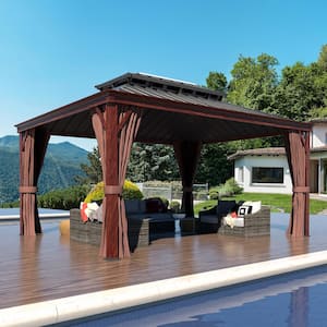12 ft. x 16 ft. Wood Grain Aluminum Gazebo Galvanized Steel Double Top Roof with Curtains and Netting