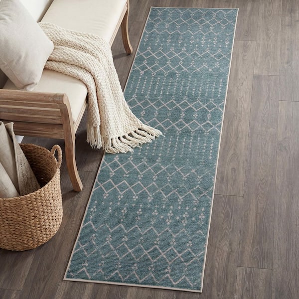 Leila Moroccan Diamond Trellis Machine-Washable Teal/Ivory 2 ft. x 8 ft. Runner Rug