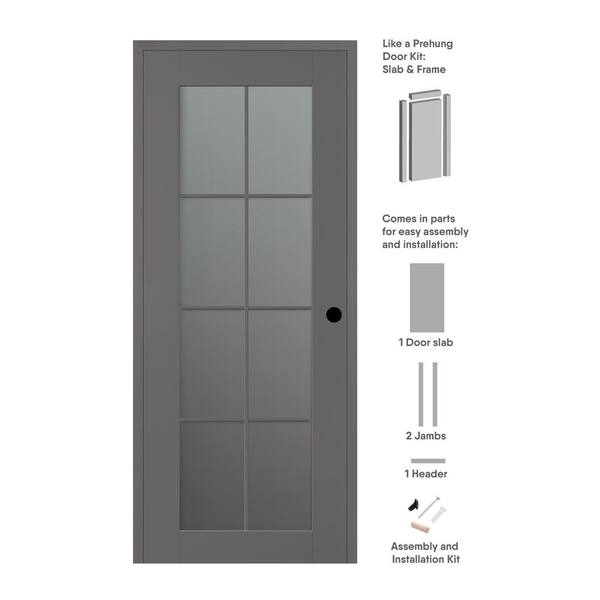 Belldinni Vona 32 in. x 80 in. Left-Hand 8-Lite Frosted Glass Gray Matte Composite DIY-Friendly Single Prehung Interior Door