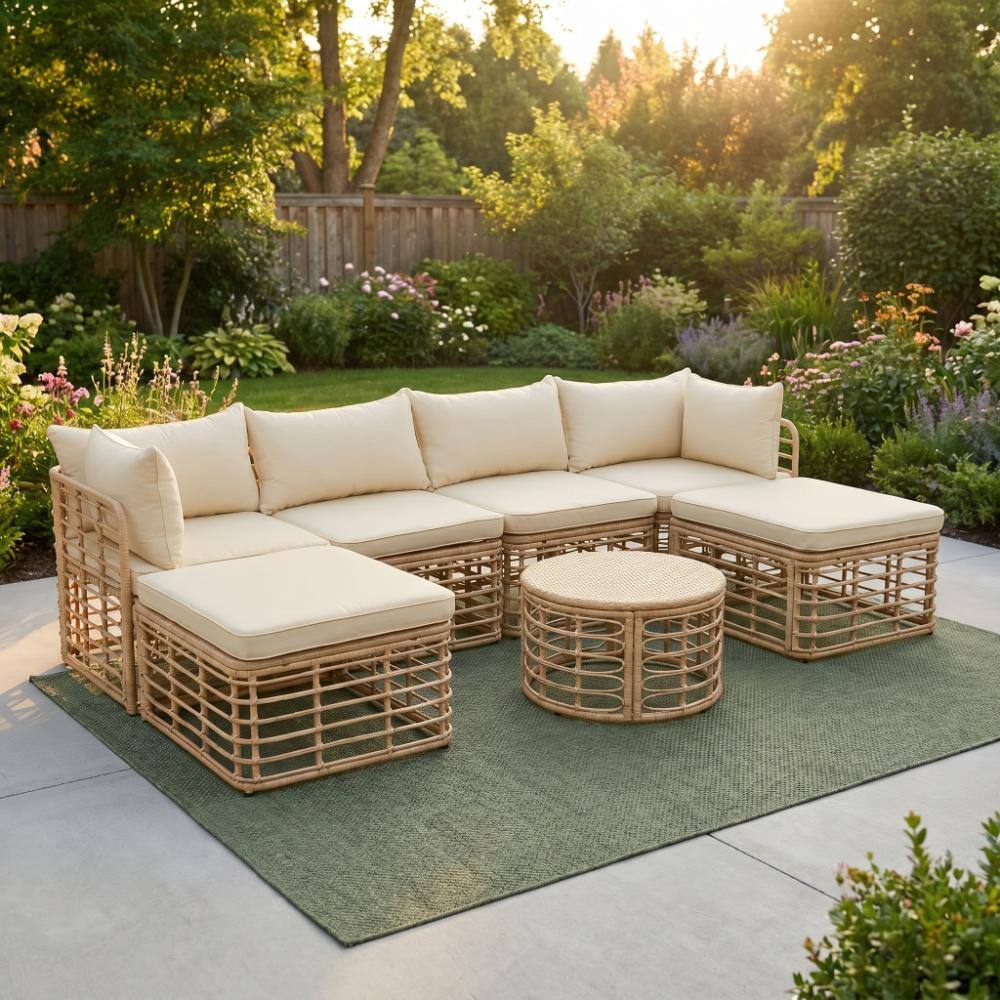 7-Piece Brown Wicker Outdoor Patio Conservation Sectional Sofa Set with Removable Brown Cushion price history on PriceWatchPro