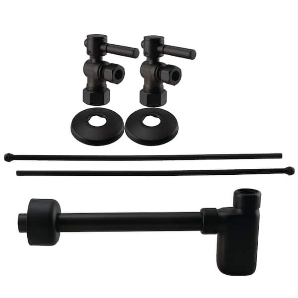 Westbrass 1/2 in. Nominal Compression Brass Lever Handle Angle Stop with 3/8 in. Risers P- Trap Sink Installation Kit, Matte Black