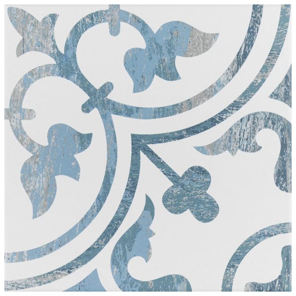 Vinyl Floor Mat With Decorative Tiles Pattern in Blue. Spanish