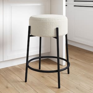 Isaac 24 in. White Metal Frame Modern Round Counter Height Bar Stool with Boucle Soft Padded Seat