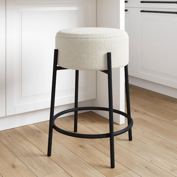 Nathan James Isaac 24 in. White Metal Frame Modern Round Counter Height Bar Stool with Boucle Soft Padded Seat