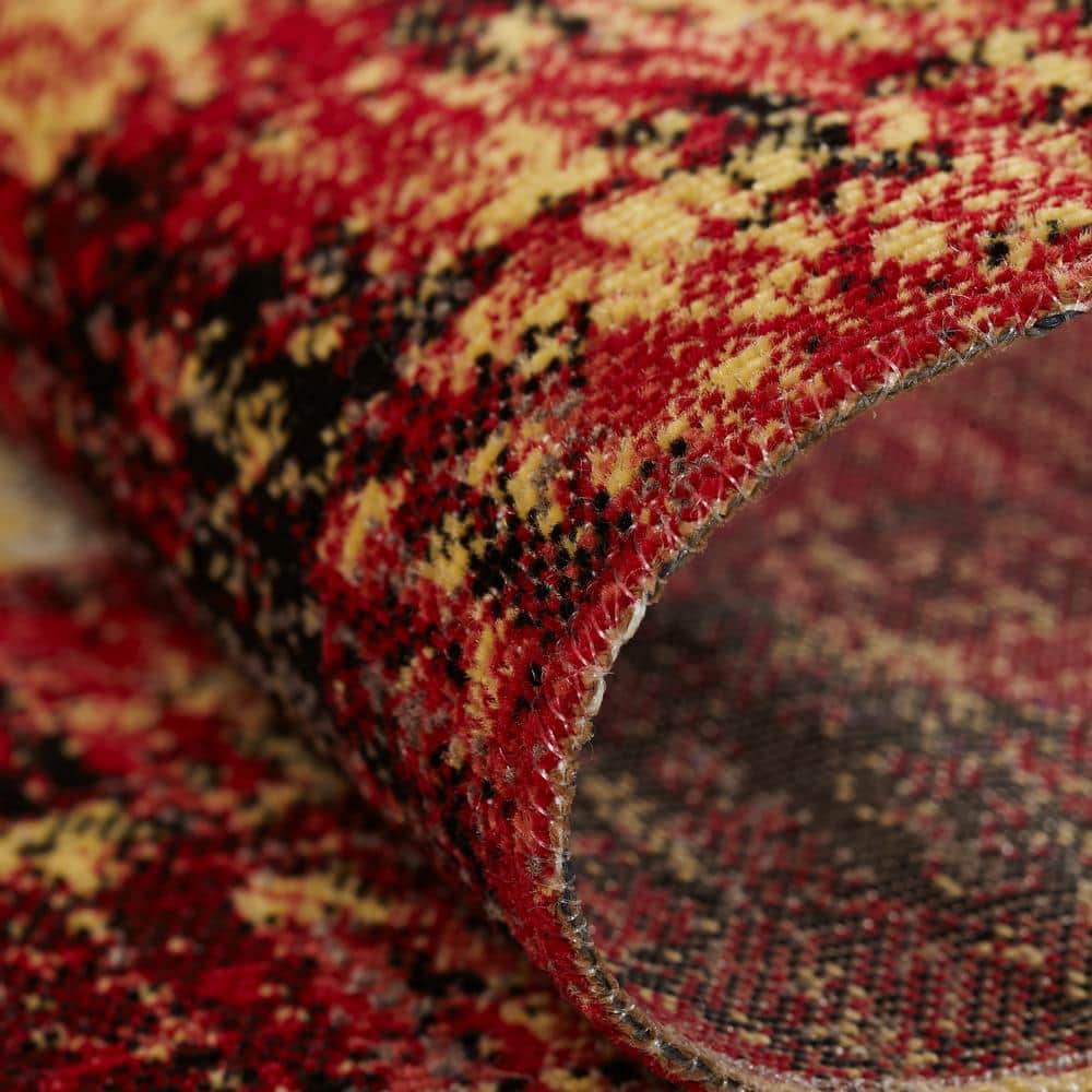 Red and Yellow Abstract Rectangular Viscose Area Rug