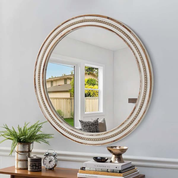 TENGYA LLC 23.62 in W x 23.62 in. H Round Mirror, Wood Mirror Decorative, Farmhouse Wall Decor for Bedroom Living Room Entryway