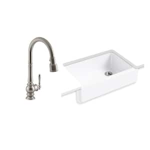 Whitehaven Undermount Cast Iron 33 in. Kitchen Sink in White with Artifacts Faucet in Stainless Steel