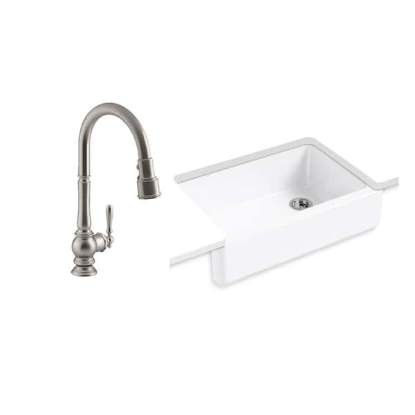 KOHLER Whitehaven Undermount Cast Iron 33 in. Kitchen Sink in White with Artifacts Faucet in Stainless Steel