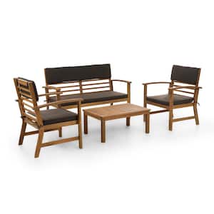 Hana 4-Piece Acacia Wood Small Space Patio Conversation Set With Brown Cushions