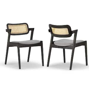 Azula Gray Fabric Dining Chair with Rattan Back and Black Wood Legs Set of 2