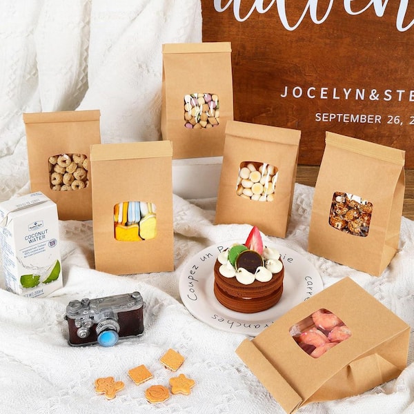 100-Piece 3.5 x 2.2 x 6.7 in. Small Brown Kraft Bakery Cookie Bags with Window for Homemade Bread Cookie