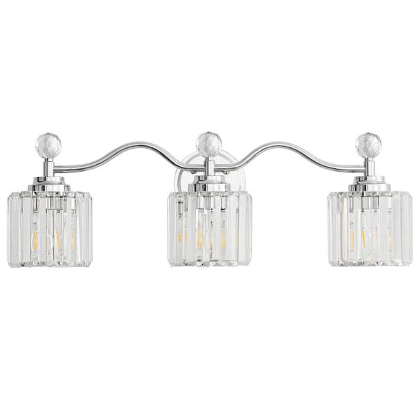 Deyidn Modern Luxury 26 in. 3-Light Chrome Vanity Light with Crystal Shade for Bathroom