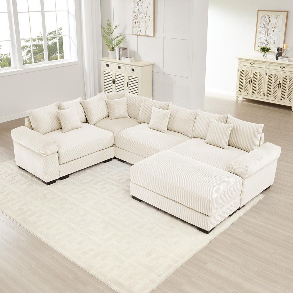 Harley 116.9 in. Cloud Corduroy Upholstery L-Shaped Sectional Sofa in. Beige with Ottoman, 13 Throw Pillows, Cream