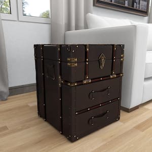 18 in. W Dark Brown Faux Leather Vintage Faux Leather 2 Drawer Cabinet with Buckle Hinged Top