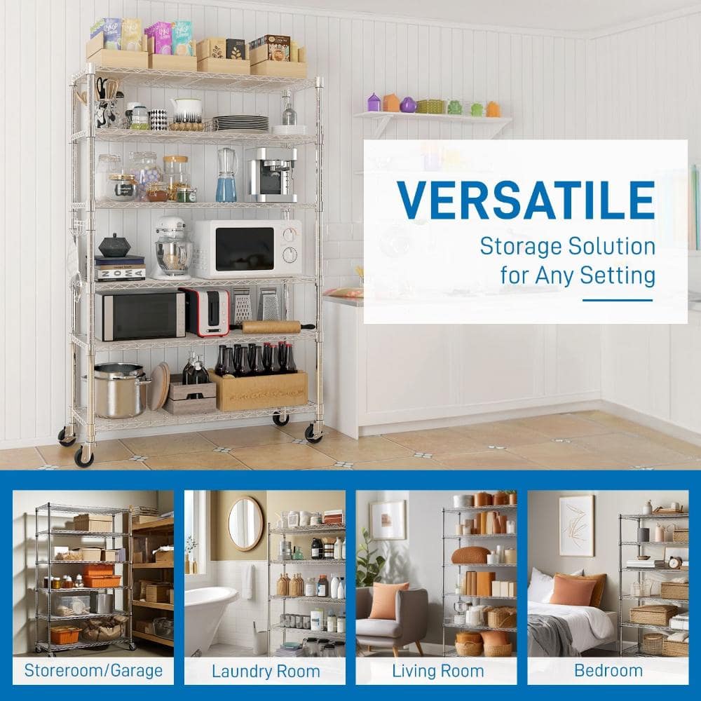 Silver wire shelving unit used in various home settings