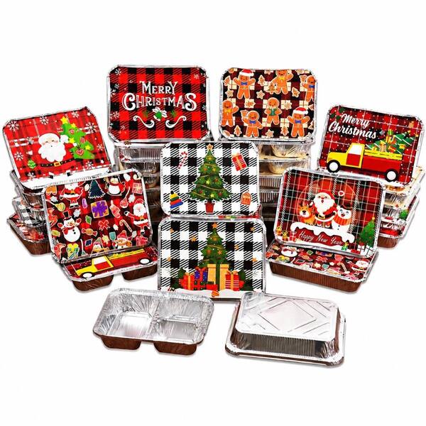 48-Piece Christmas Holiday Foil Pans with Cardboard Lids, 8 Festive Designs for Cookie Exchange and Gift