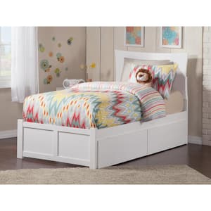Metro White Twin Solid Wood Storage Platform Bed with Flat Panel Foot Board and 2 Bed Drawers