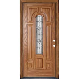 36 in. x 80 in. Providence Pecan Left Hand Inswing Center Arch Stained Fiberglass Prehung Front Door with Brickmold