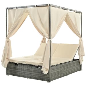 Gray 1-Piece Wicker Outdoor Day Bed with Beige Cushion, Patio Sun Bed with Curtain and Adjustable Seat