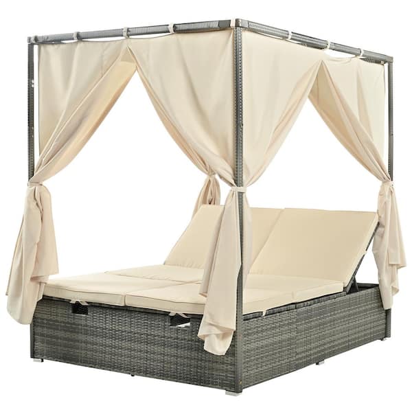 LONDAMA Gray 1-Piece Wicker Outdoor Day Bed with Beige Cushion, Patio Sun Bed with Curtain and Adjustable Seat