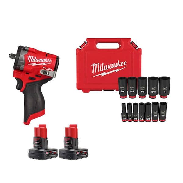 Milwaukee M12 FUEL 12V Lithium-Ion Brushless Cordless Stubby 3/8 in. Impact Wrench w (2) 3.0 Ah Batteries&12 PC Impact Socket Set